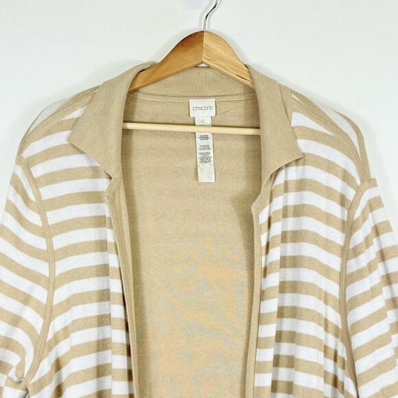 Chico's Womens 4 XL 18 Tan White Stripe Reversible Knit Duster Cardigan Sweater - Picture 2 of 9
